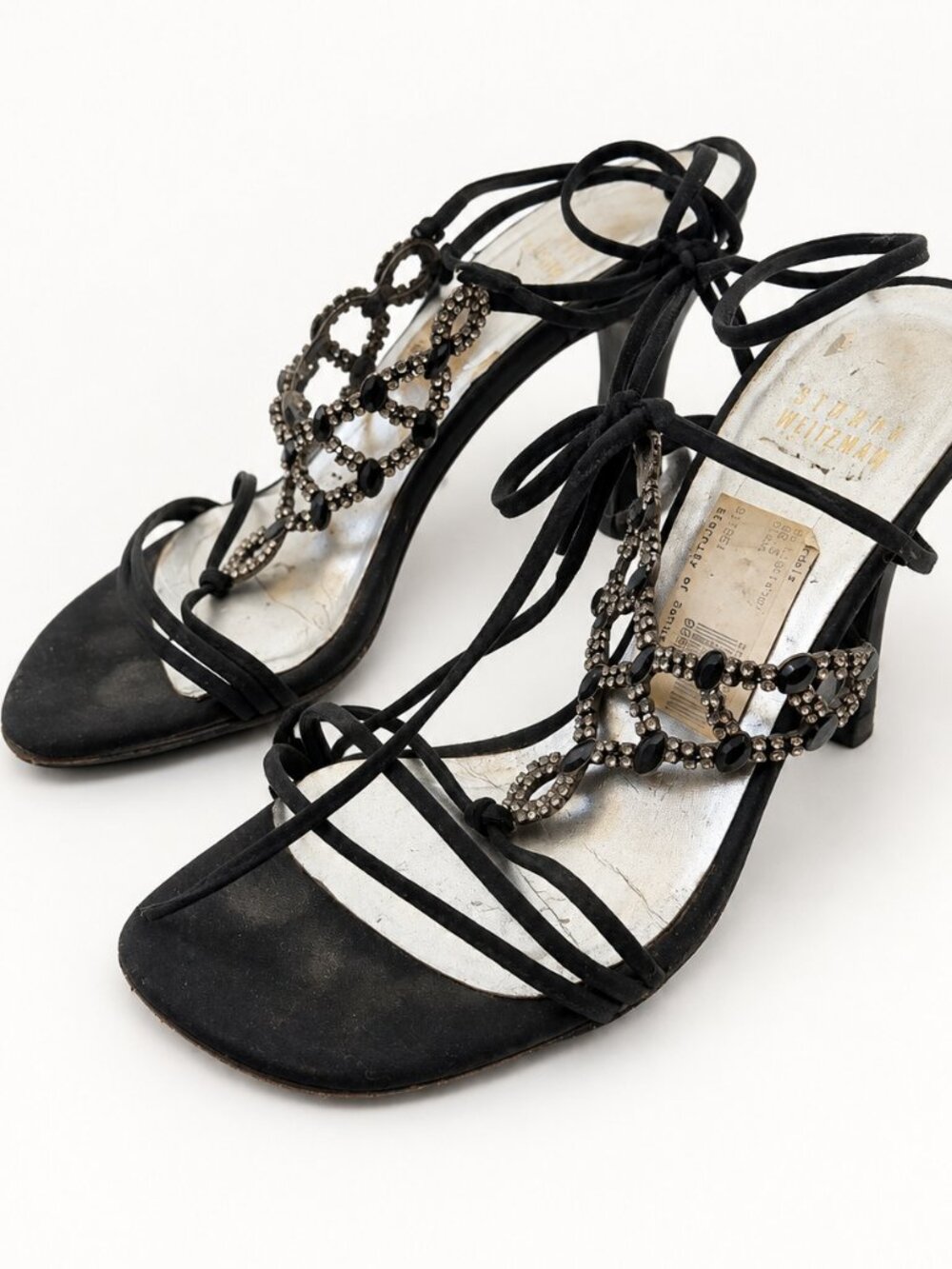 Stuart Weitzman Lightshow Black Jeweled Ankle Wrap Sandals 6.5M